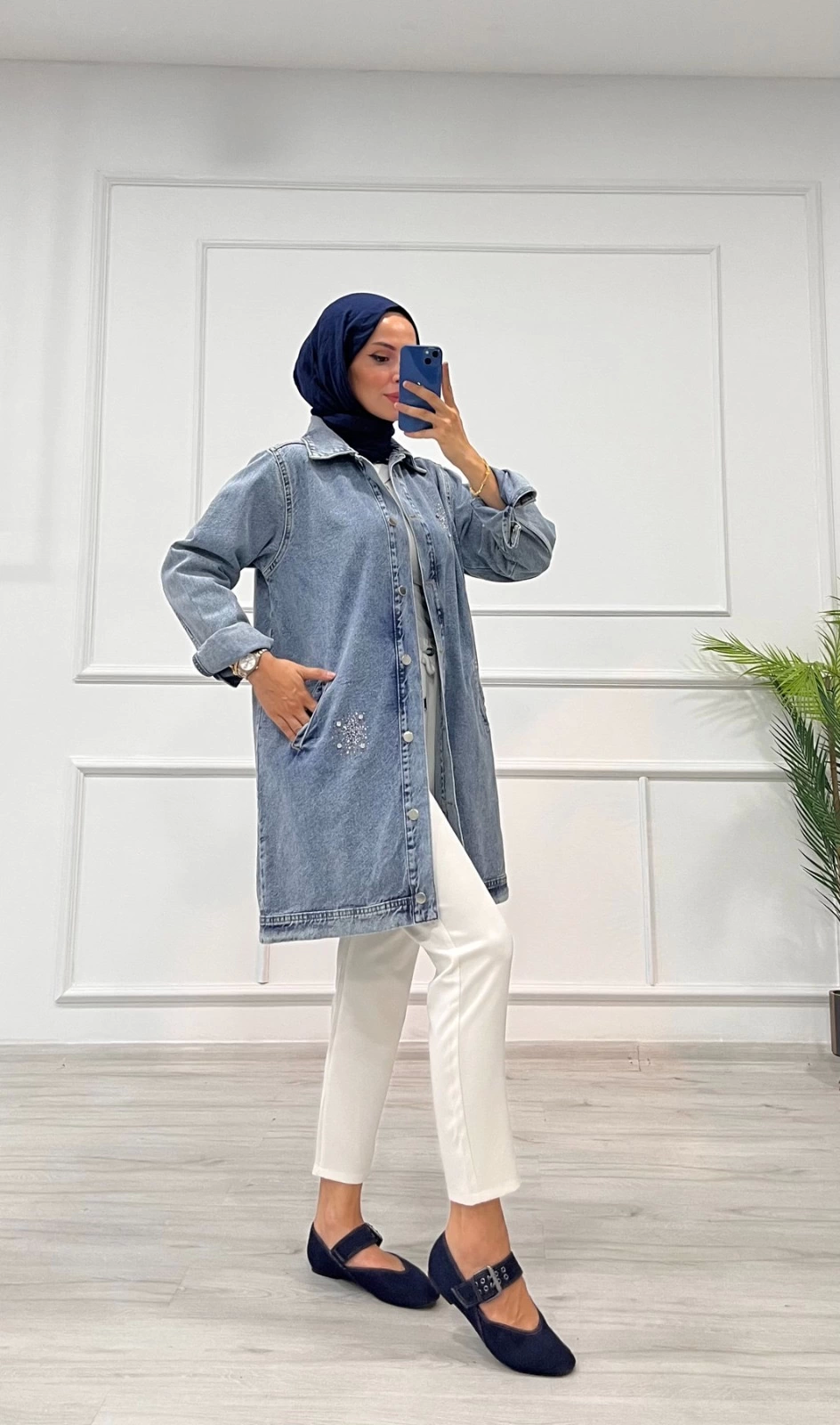 Taşlı tunik ceket kar yıkamalı mavi Taşlı tunik ceket kar yıkamalı mavi