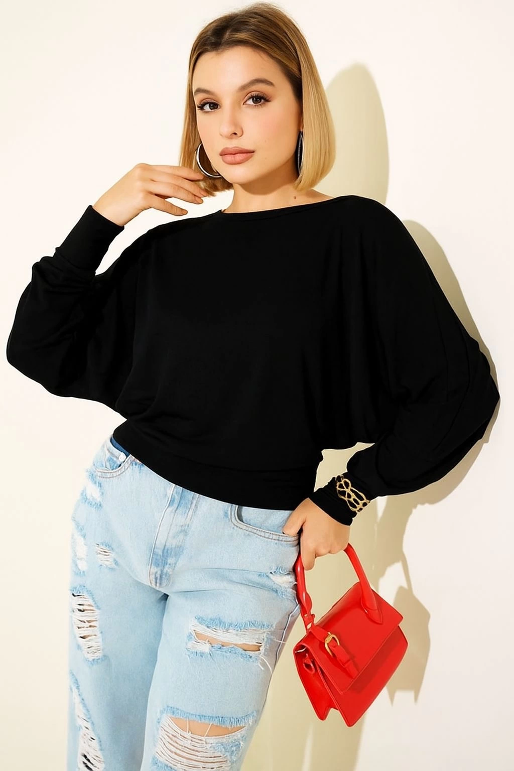 Yarasa Kol Salaş Bluz siyah T4273 Yarasa Kol Salaş Bluz siyah T4273