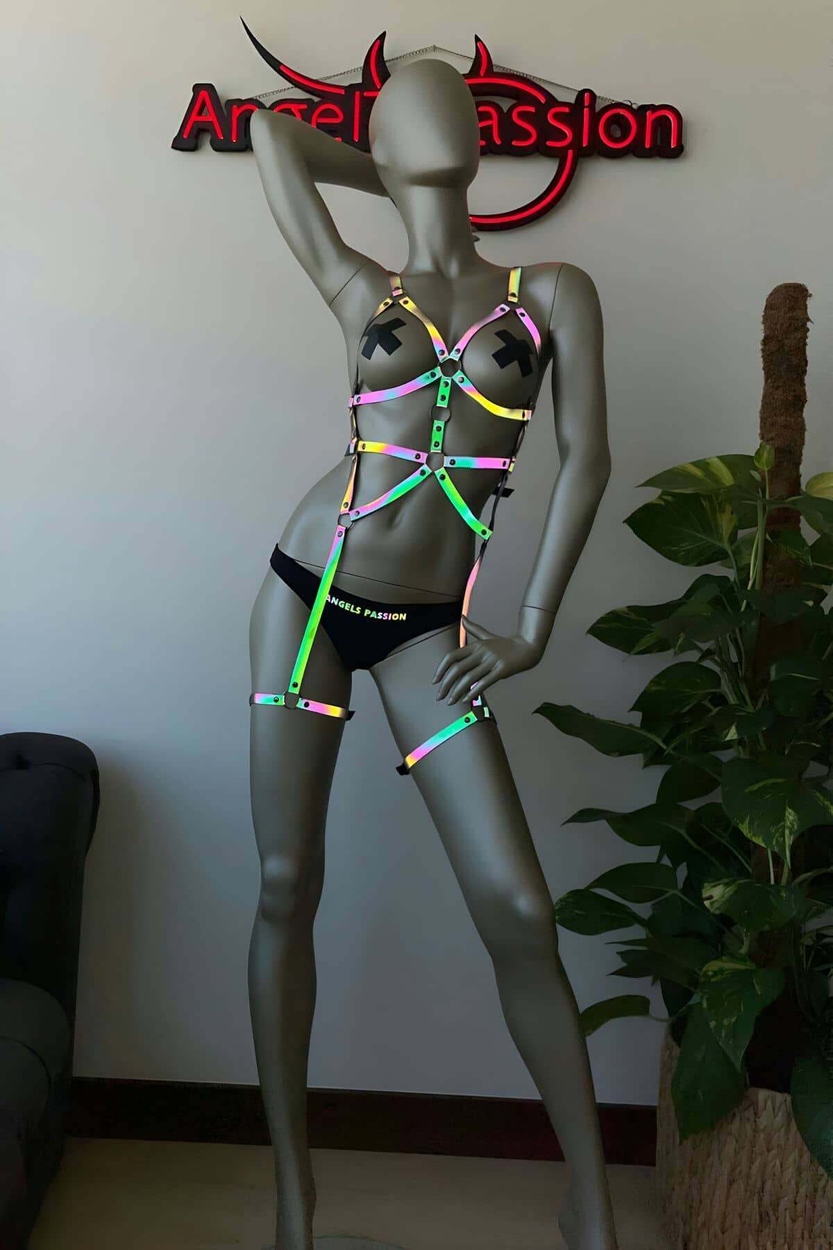 CLZ41 Fantezi Giyim Renkli Reflektörlü Body Harness - Ürün Rengi:Rainbow Reflektör