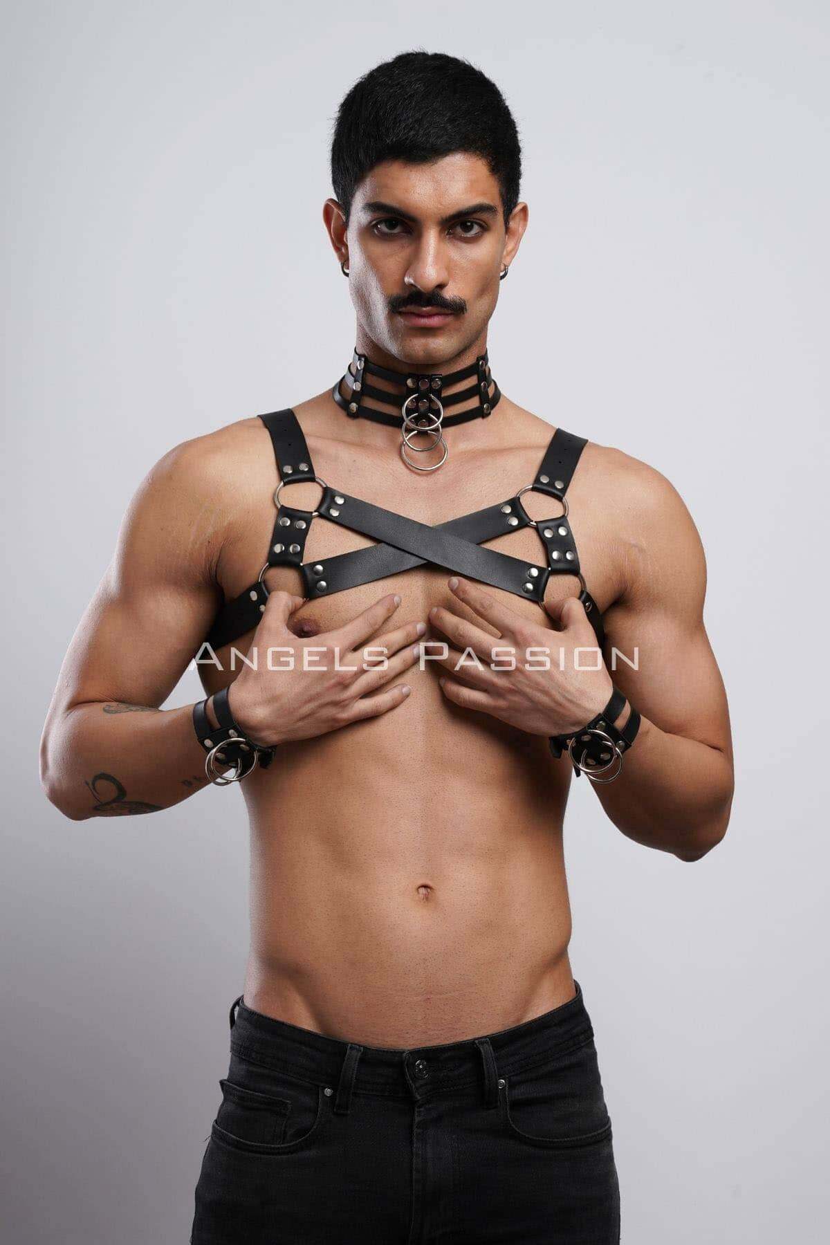 CLZ41 Gay Fantazi Giyim, Erkek Partywear, Tecnowear, Erkek Göğüs Harness-  - Ürün Rengi:Siyah