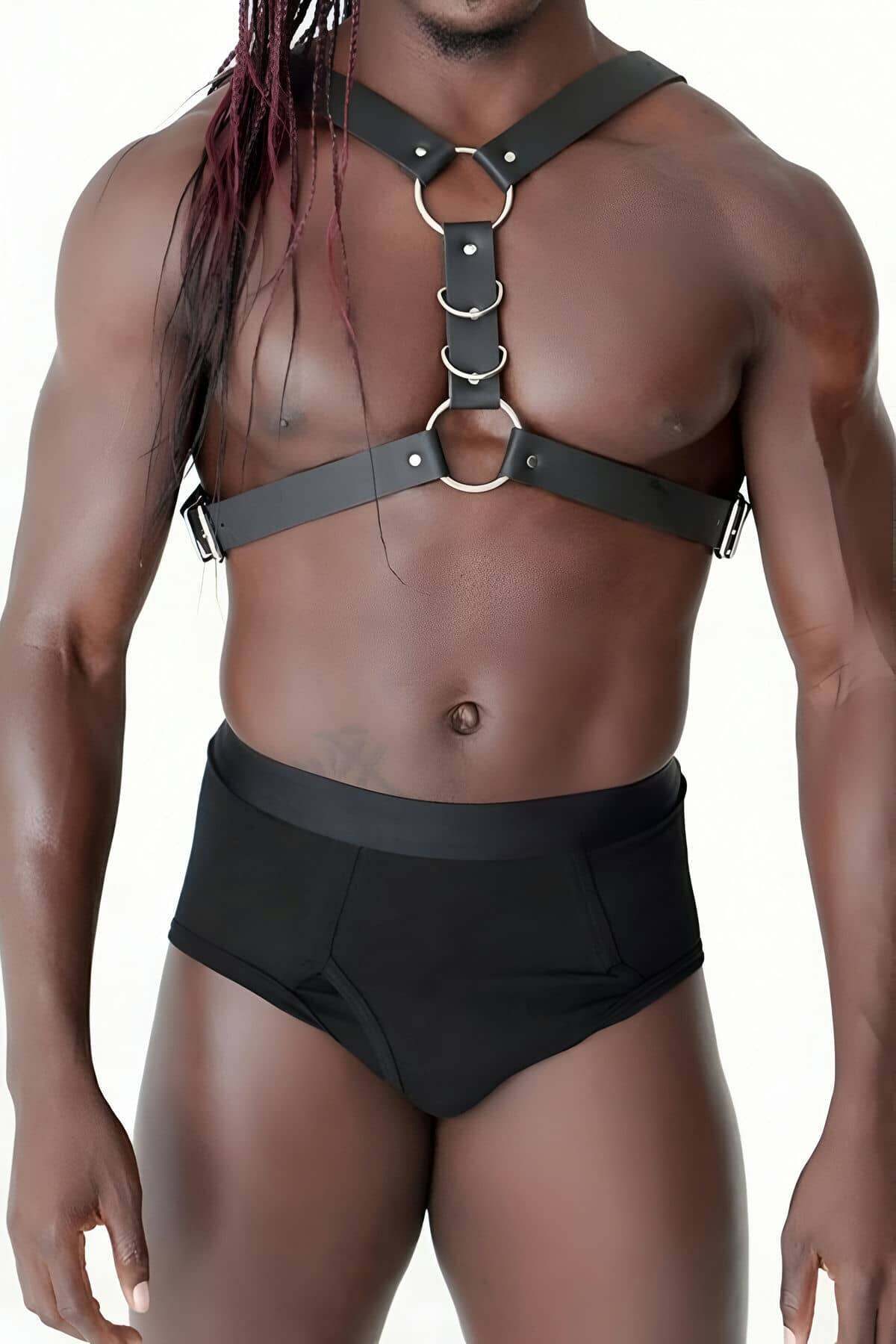 CLZ41 Göğüs Ve Halka Detaylı Erkek Deri Harness - Ürün Rengi:Siyah