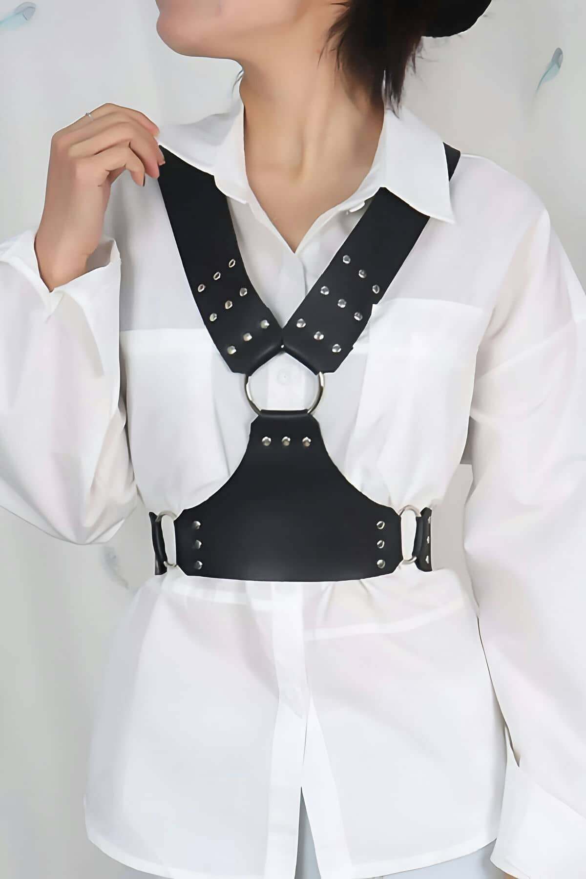 CLZ41 Gömlek Kemeri, Elbise Kemeri, Şık ve Tarz Deri Göğüs Harness Kemer - Ürün Rengi:Siyah