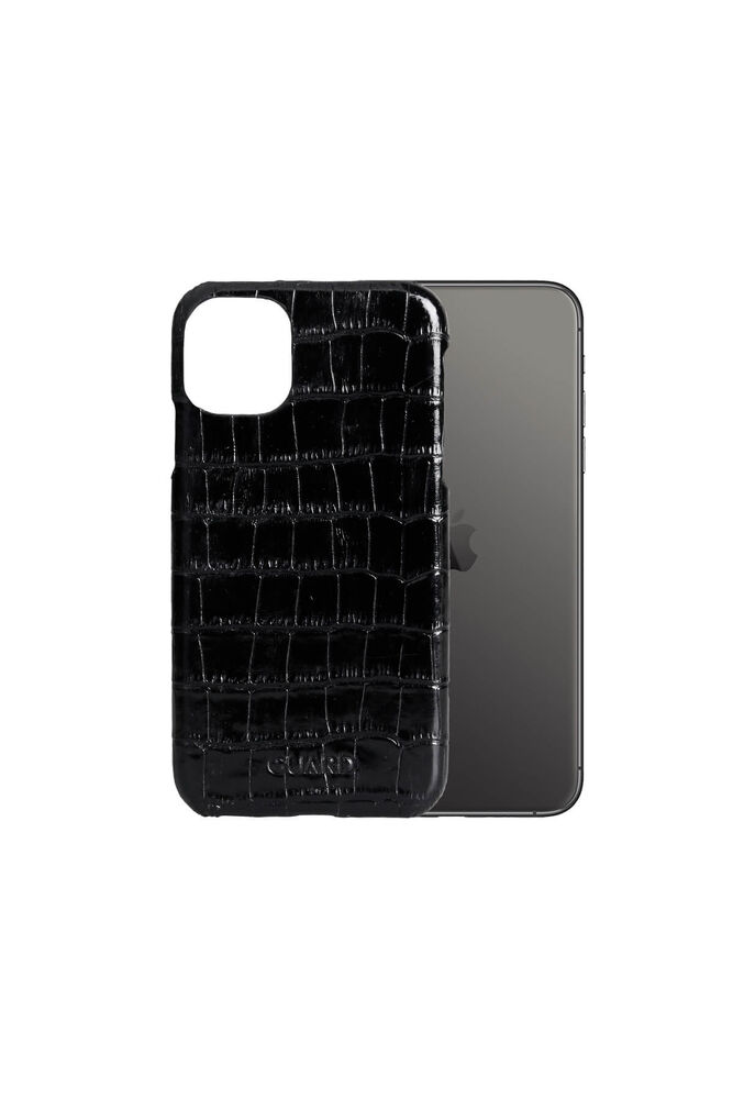 CLZ359  Siyah Croco iPhone 11 Hakiki Deri Telefon Kılıfı