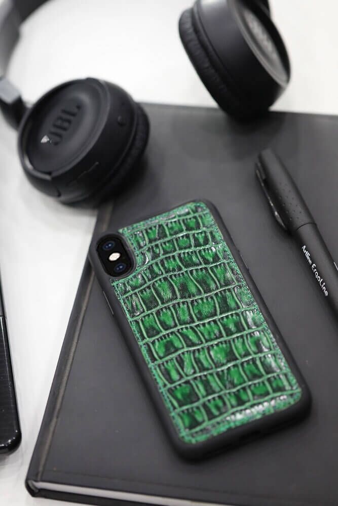 CLZ359  Yeşil Croco Desenli Deri iPhone X / XS Kılıfı