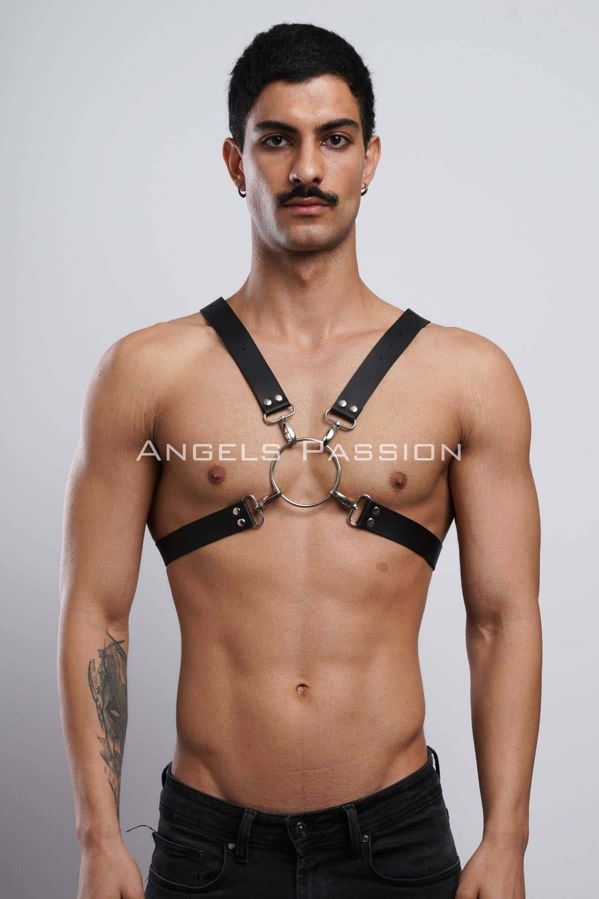 CLZ41 Halka Detaylı X Göğüs Erkek Harness, Gömlek Kemeri, T-Shirt Kemeri, Clubwear - Ürün Rengi:Siyah