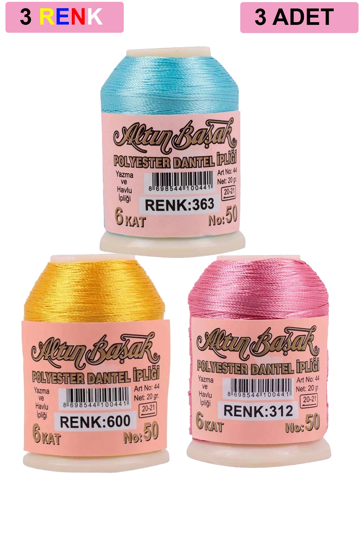 3 Adet Altınbaşak Oya ve Dantel İpi 20 gr - Turk - No: 600 - 312 - 363