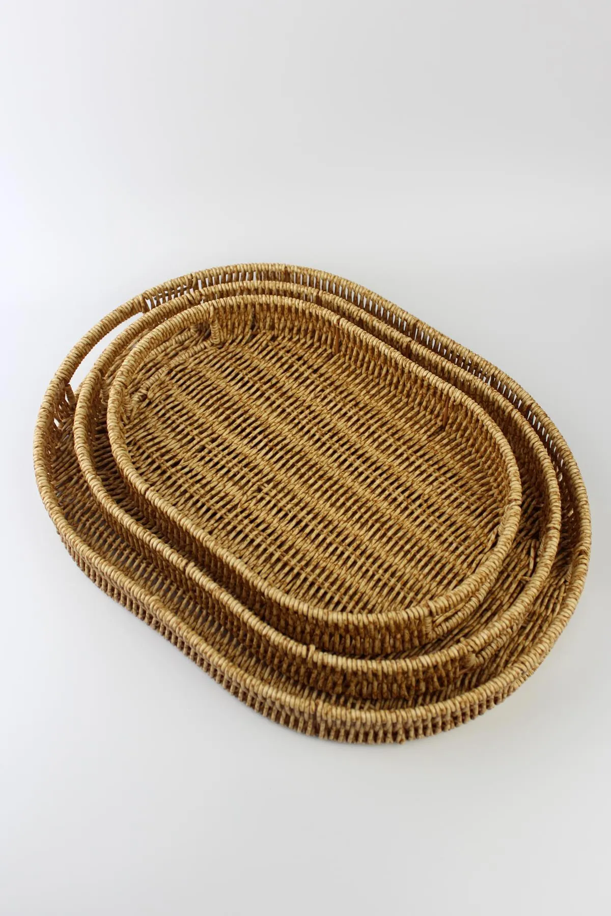 3 lü Rattan Tepsi Dekoratif Tepsi Hasır Örme Tepsi Oval Krem Alg11331