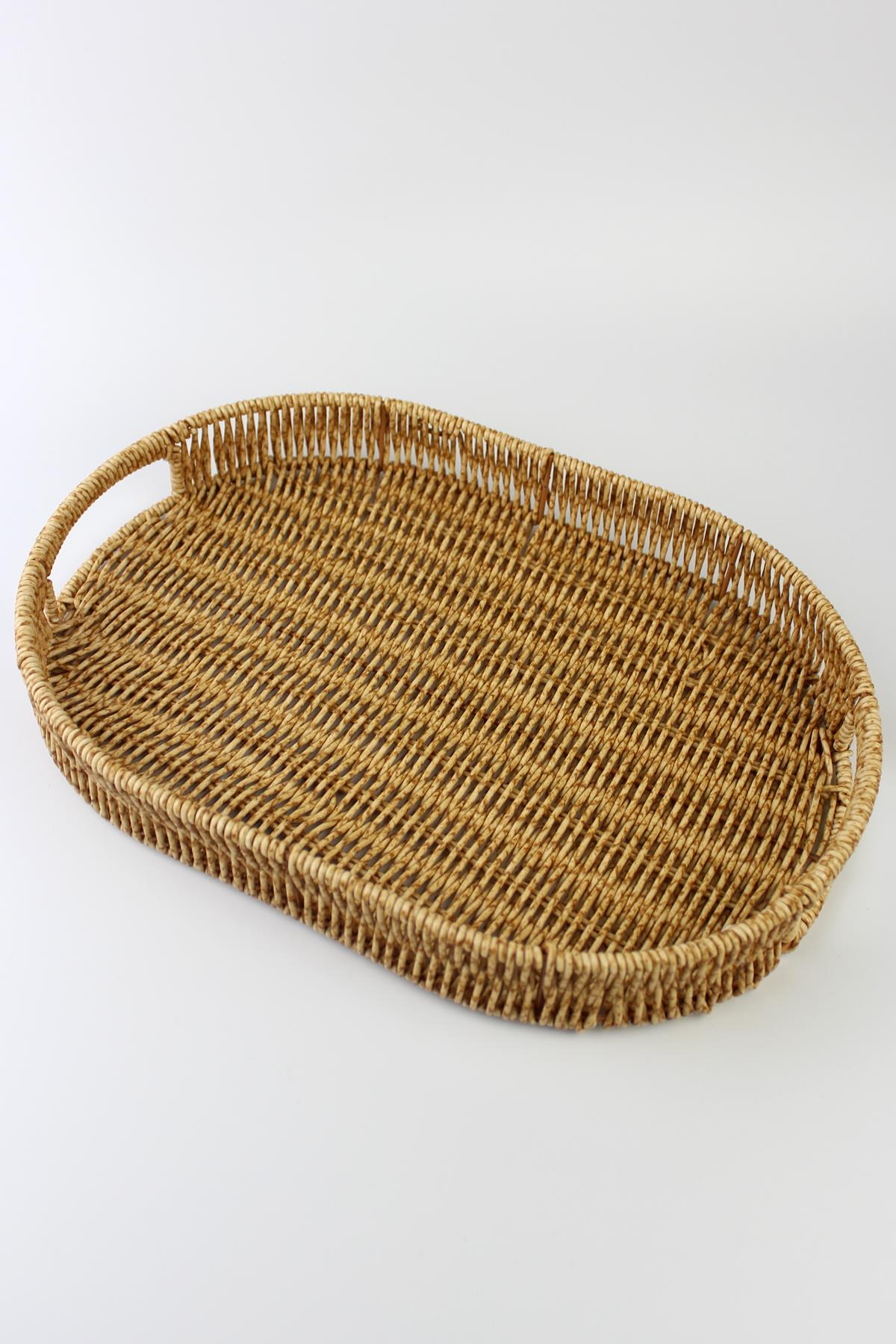 3 lü Rattan Tepsi Dekoratif Tepsi Hasır Örme Tepsi Oval Krem Alg11331