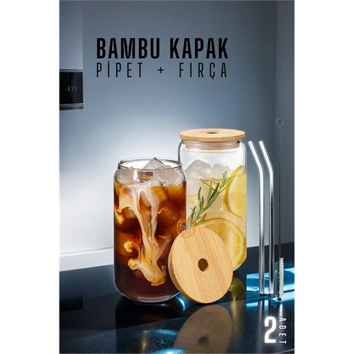 Turk Bambu Kapaklı Kavanoz Bardak 2 ADET