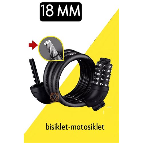 Turk Motosiklet Bisiklet Kilidi 18 mm 5 Kademe Şifreli Çelik Halat