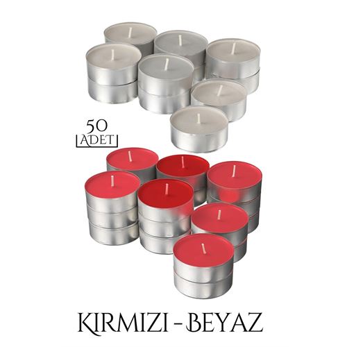 Turk TeaLights Yuvarlak Mum KIRMIZI BEYAZ 50 Lİ SET