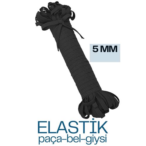 Turk 40 METRE  Yassı Bel Paça Giysi Lastiği 5 mm SİYAH 720666 Toptan Paket