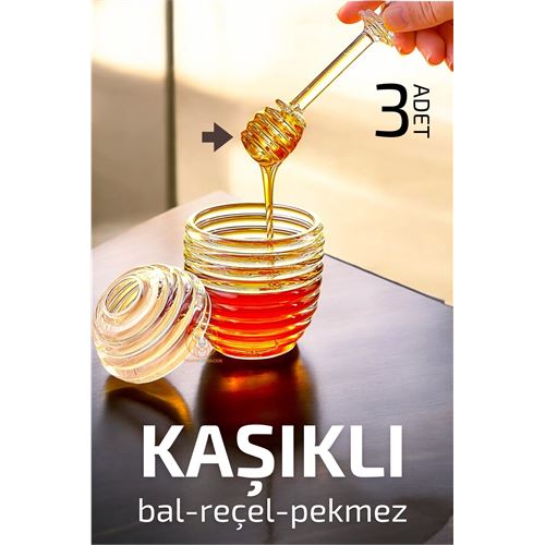 Turk Kaşıklı Kristal Bal Kavanozu Reçel Pekmez Sos Kavanozu 3 adet