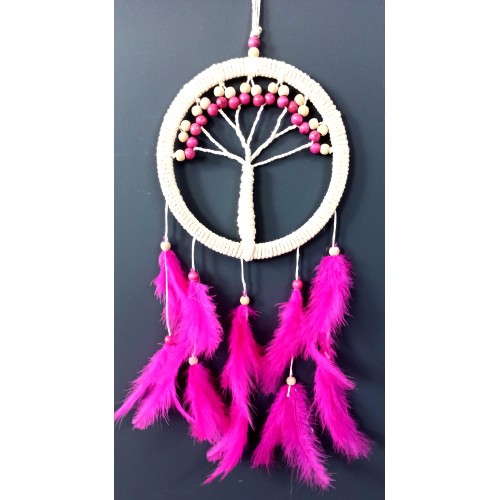 Fuşya Kuş Tüylü Hayat Ağacı Düş Kapanı Dream Catcher Duvar Süsü