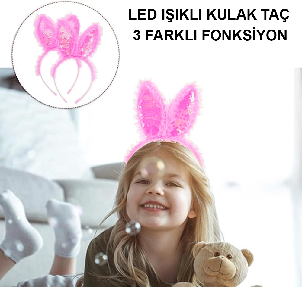 Kenarları Dantelli Fuşya Pullu Payetli Led Işıklı Tavşan Kulak Taç 23x19 Cm