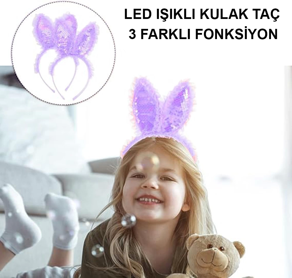 Kenarları Dantelli Mor Pullu Payetli Led Işıklı Tavşan Kulak Taç 23x19 Cm