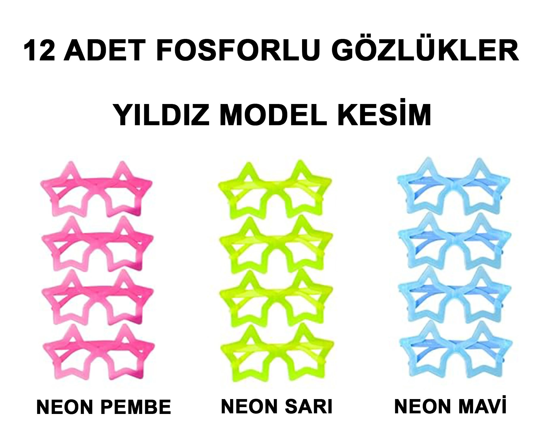 Fosforlu Yıldız Model Glow Parti Gözlüğü Karanlıkta Yanan Gözlükler 12 Adet