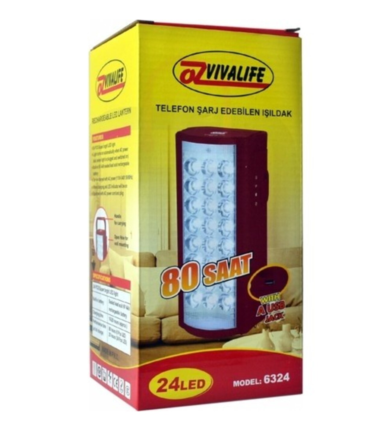 USB Şarj Çıkışlı 24 LED 80 Saat Akülü Şarjlı Işıldak (4767)