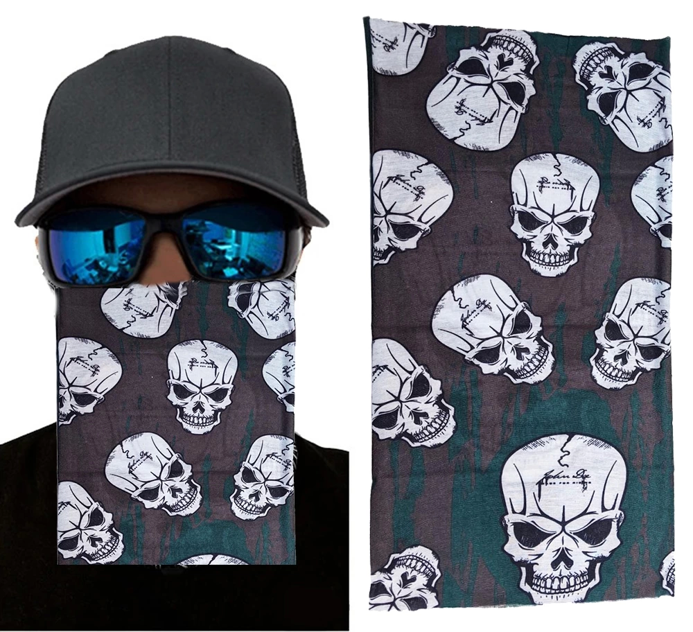 Kahve Yeşil Renk Üzeri Likralı Çoklu Kafatası Baskılı Baf Buff Bandana 25x48 Cm