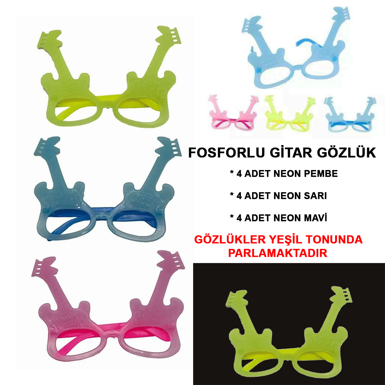 Fosforlu Gitar Model Glow Parti Gözlüğü Karanlıkta Yanan Gözlükler 12 Adet (4767)