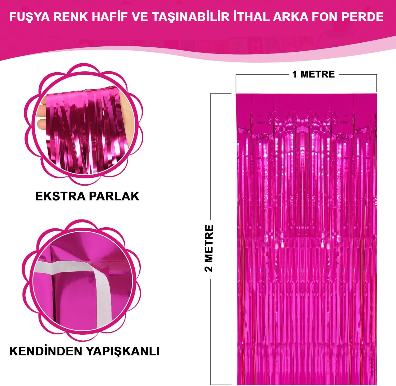 Fuşya Renk Ekstra Metalize Parlak Saçaklı Arka Fon Perde İthal A Kalite 1x2 Metre (4767)