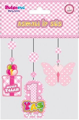 1 Yaş Temalı Asmalı İp Süs Pembe Renk 3 lü Set 12x45 cm (4767)