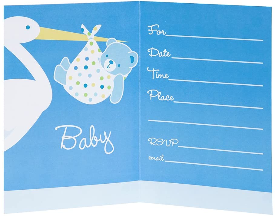 Baby Boy Stork Temalı Mavi Renk Baby Shower Davetiye 8 Adet (4767)