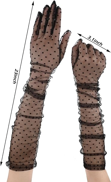 Uzun Boy Siyah Puantiyeli Siyah Renk Yetişkin Tül Eldiven 55 cm (4767)