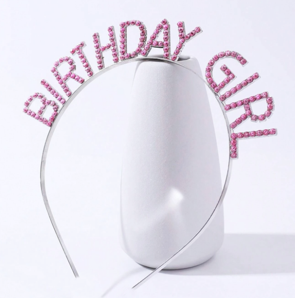 Pembe Renk Kristal Taşlı Parlak Birthday Girl Yazılı Taç 16x17 cm (4767)