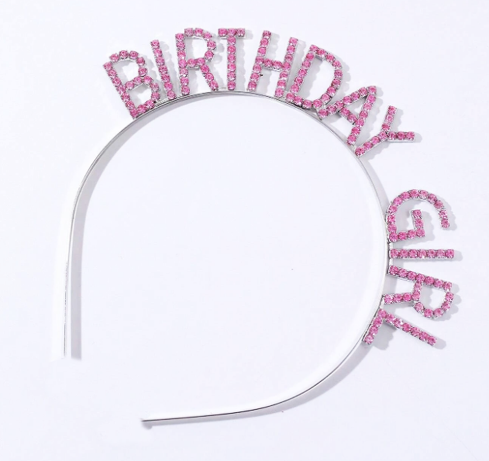 Pembe Renk Kristal Taşlı Parlak Birthday Girl Yazılı Taç 16x17 cm (4767)