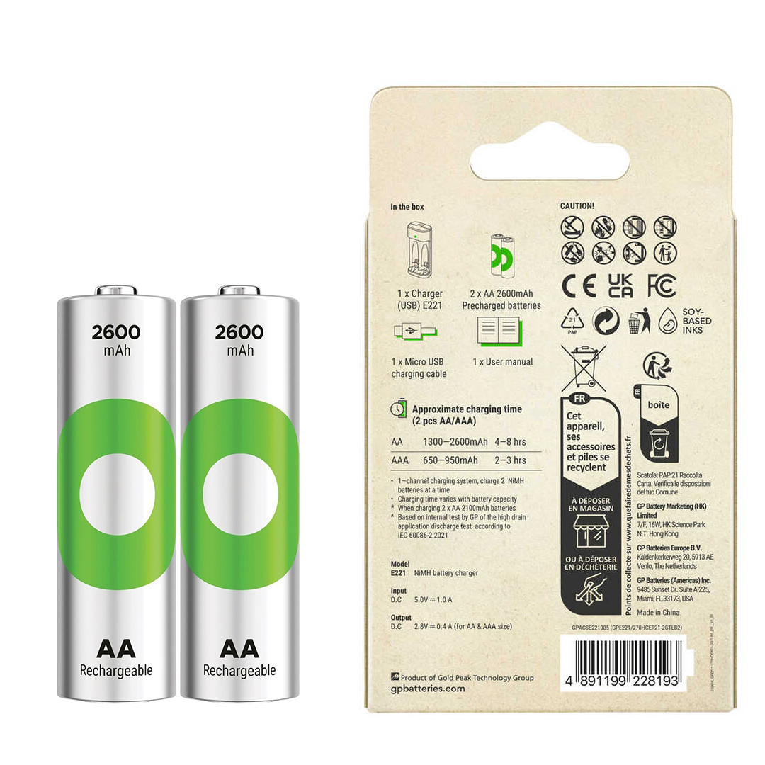 GP RECYKO E221 2 X 2600 MAH R6 AA PİLLİ PİL ŞARJ CİHAZI (GP-E221/270AHCER21-2GTLB2) (4767)