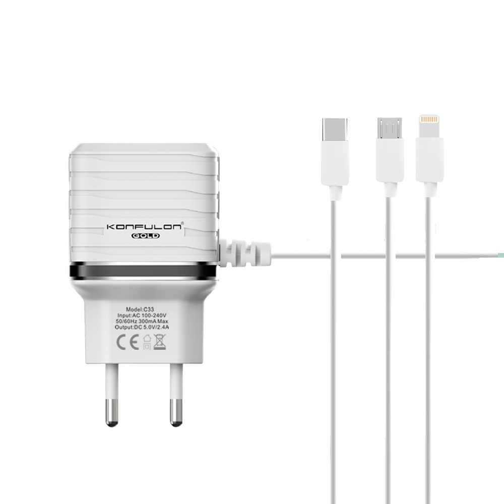 CLZ942 C33 Hızlı Şarj Cihazı 3in1 (dahili Lightning Kablo İphone Uyumlulu) - Ürün Rengi : Beyaz