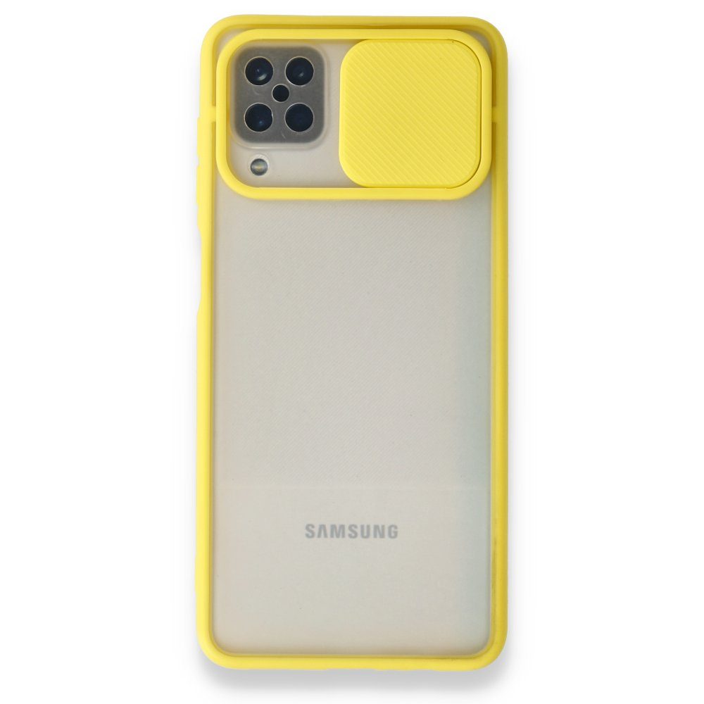 CLZ942 Samsung Galaxy A12 Kılıf Palm Buzlu Kamera Sürgülü Silikon - Ürün Rengi : Sarı