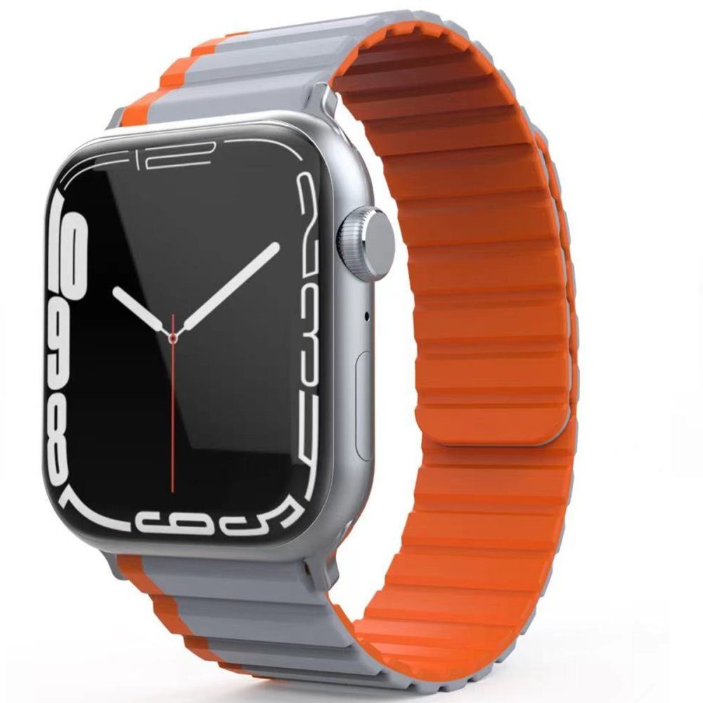 CLZ942 Apple Watch 45mm Movenchy Mo-wb1 Çift Renk Mıknatıslı Silikon Kordon - Ürün Rengi : Siyah-Turuncu