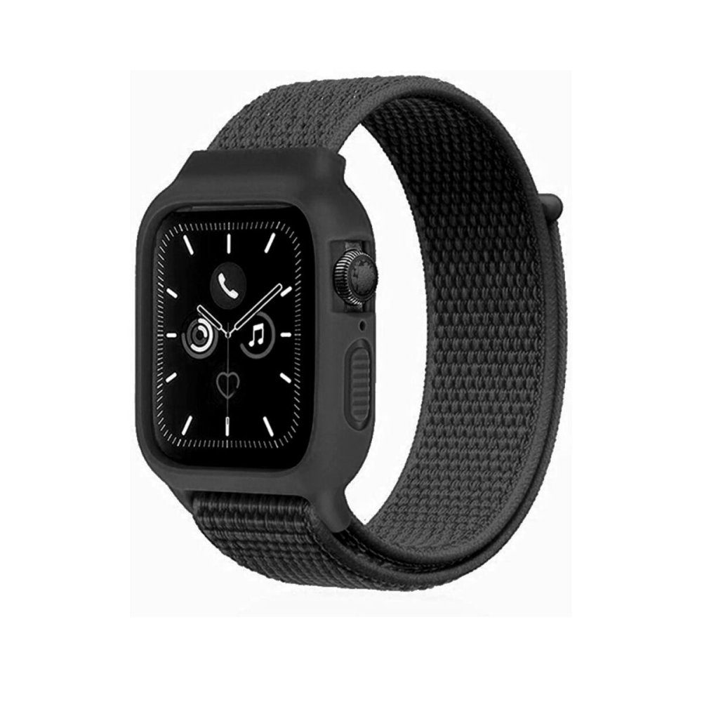 CLZ942 Apple Watch 38mm Hasırlı Cırtcırtlı Kasalı Kordon - Ürün Rengi : Benekli Siyah