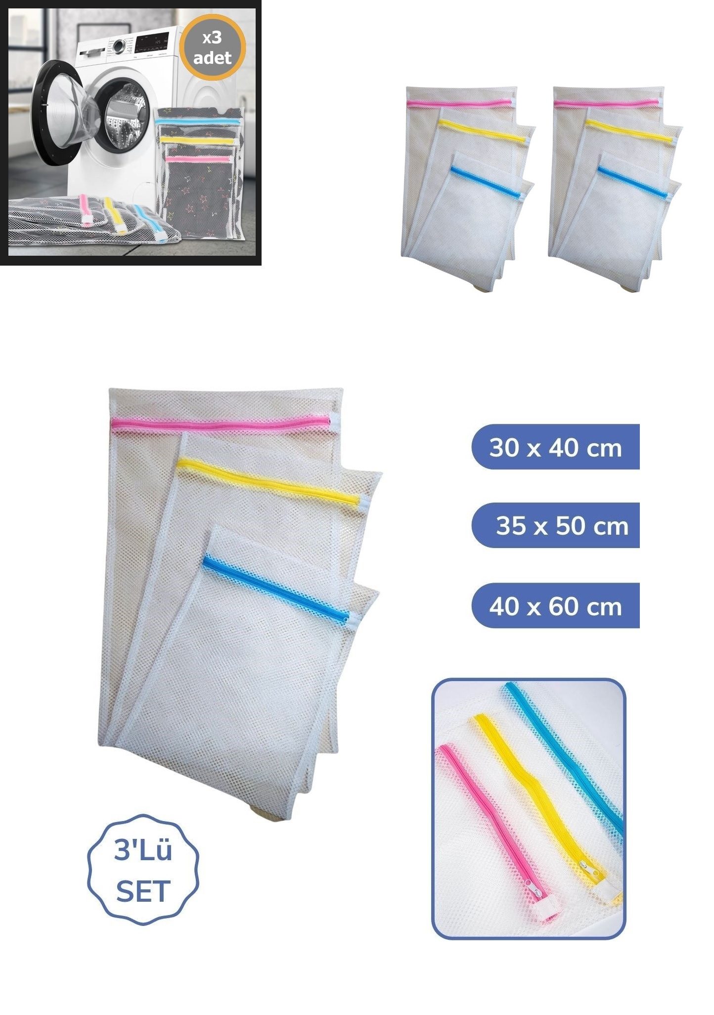 CLZ192 3&apos;lü Çamaşır Yıkama Filesi Set Renkli Fermuarlı Pratik Çamaşır Yıkama Filesi Seti 3 Boy