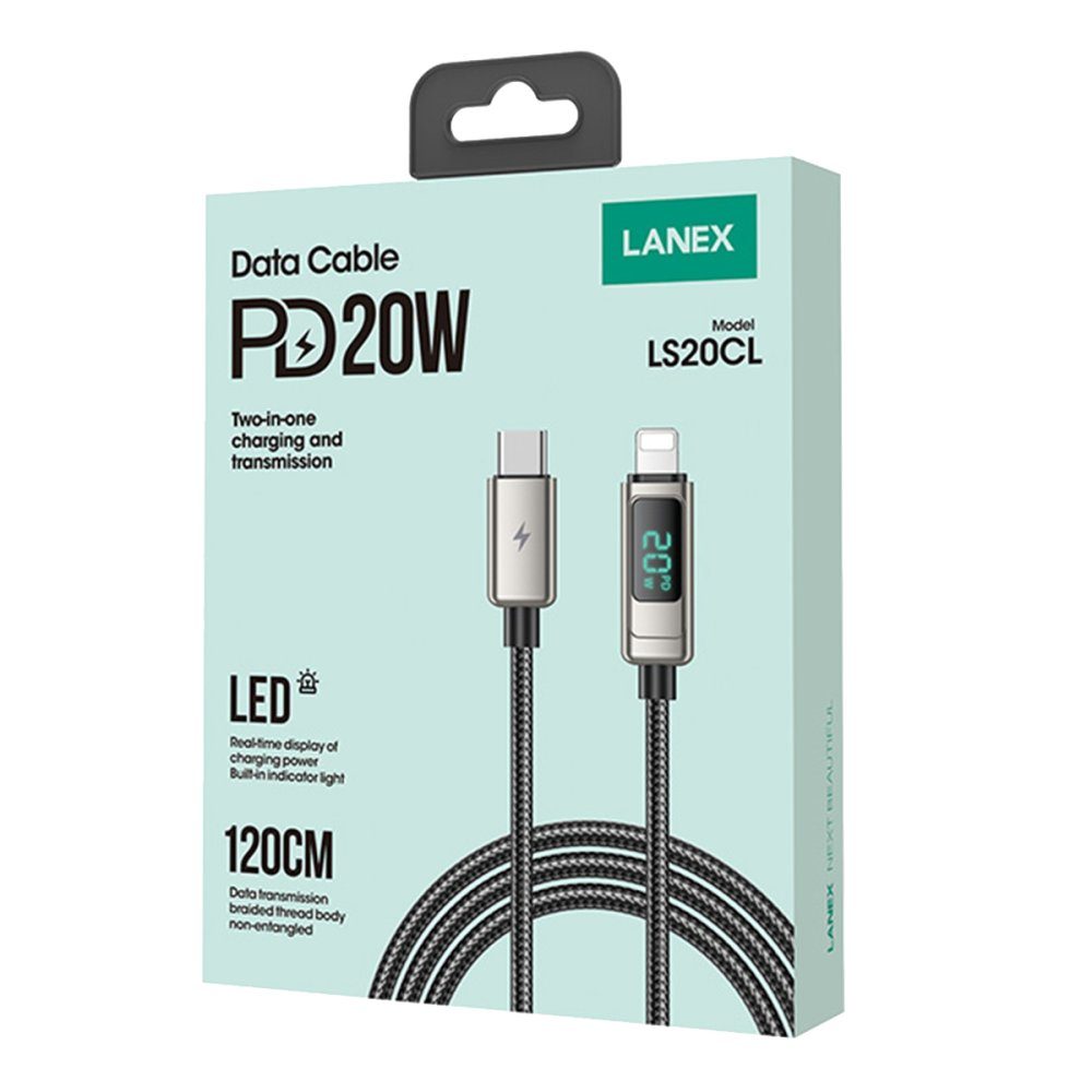 CLZ942 Lanex Ls20cl 1.2m 20w Dijital Göstergeli Hasırlı Type-c To Lightning Pd Hızlı Şarj Kablosu - Ürün Rengi : Gümüş