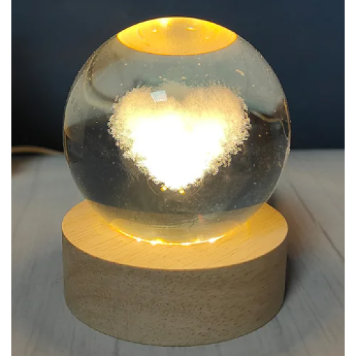 CLZ192 Dekoratif Kalp Tasarımlı Ahşap Altlıklı Işıklı Cam Küre 6cm