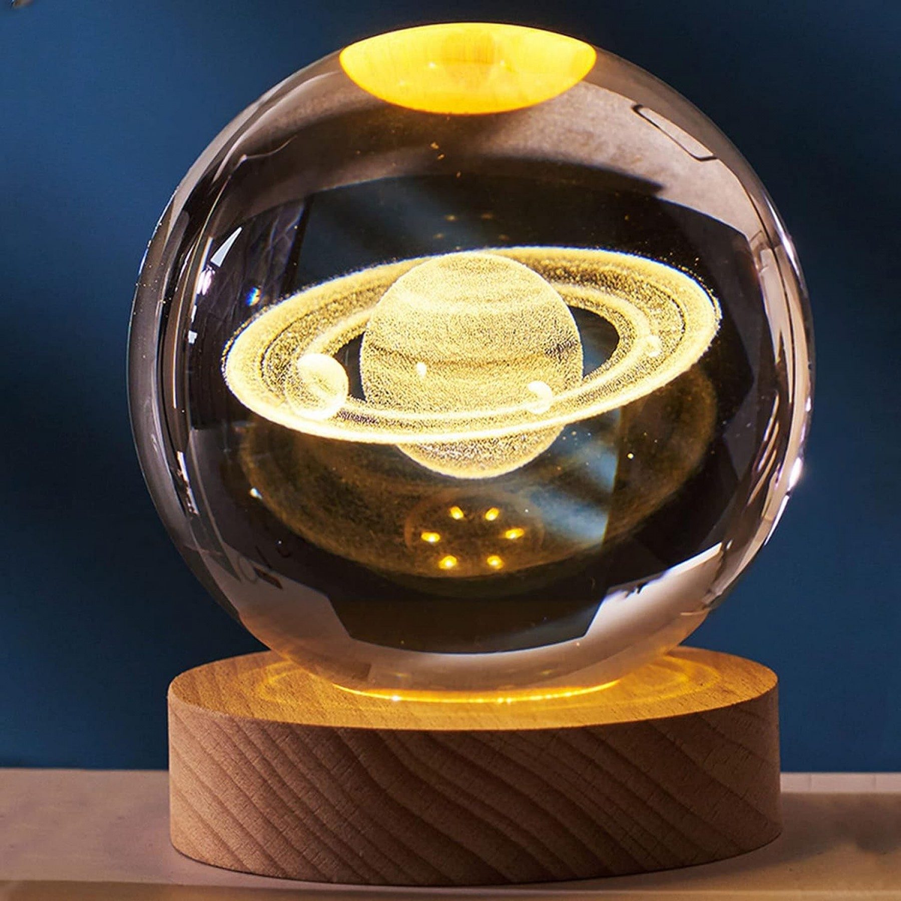 CLZ192 Dekoratif Satürn Tasarımlı Ahşap Altlıklı Işıklı Cam Küre Cam:6cm Ahşap:2cm