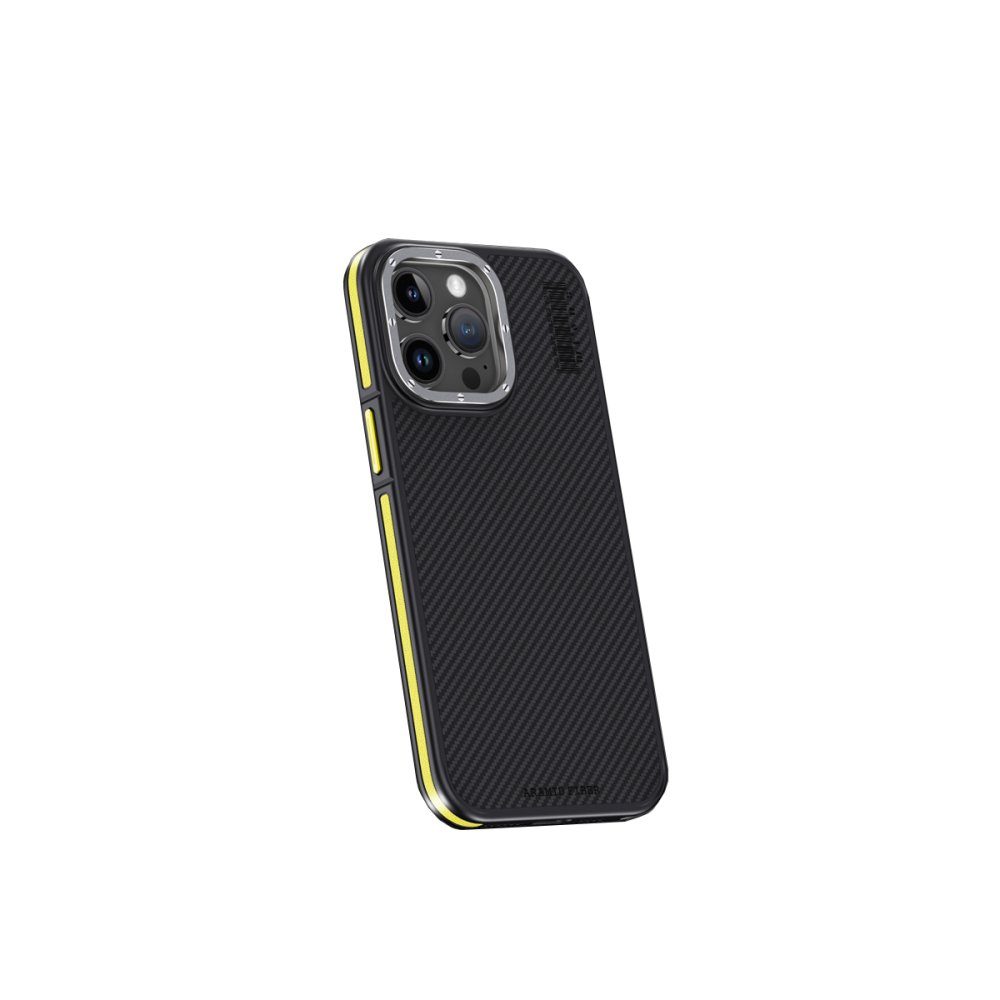 CLZ942 İphone 15 Pro Max Kılıf Aramid 600d Kevlar Karbon Fiber Magsafe Kapak - Ürün Rengi : Sarı