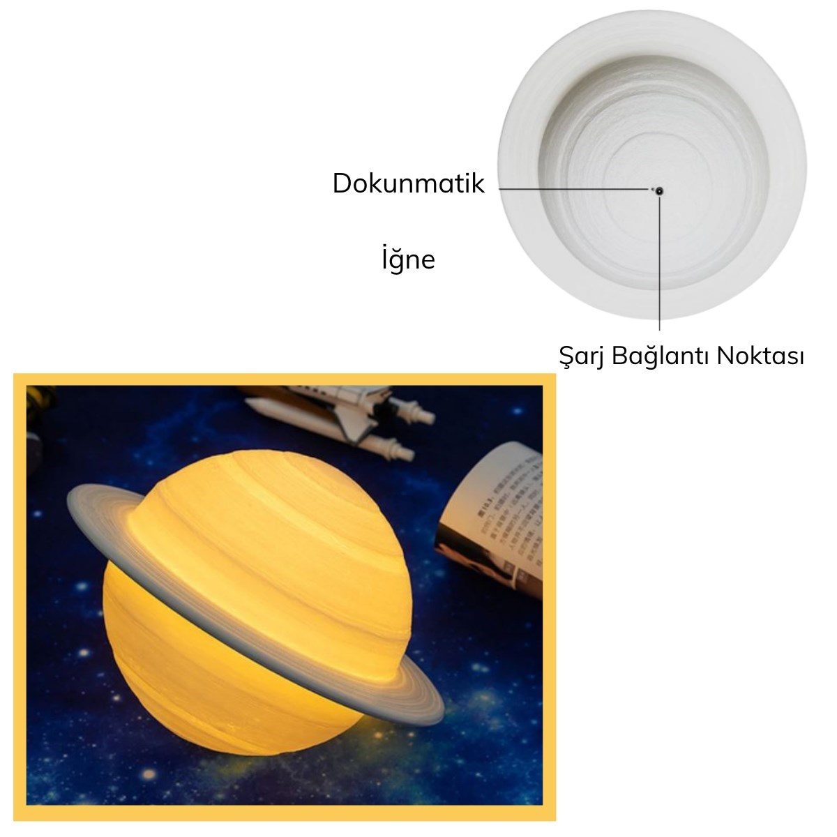CLZ192 3D Print Satürn Dokunmatik Gezegen Ahşap Stantlı 3 Renk USB Şarjlı Gece Lambası (Kumandasız) (4172)