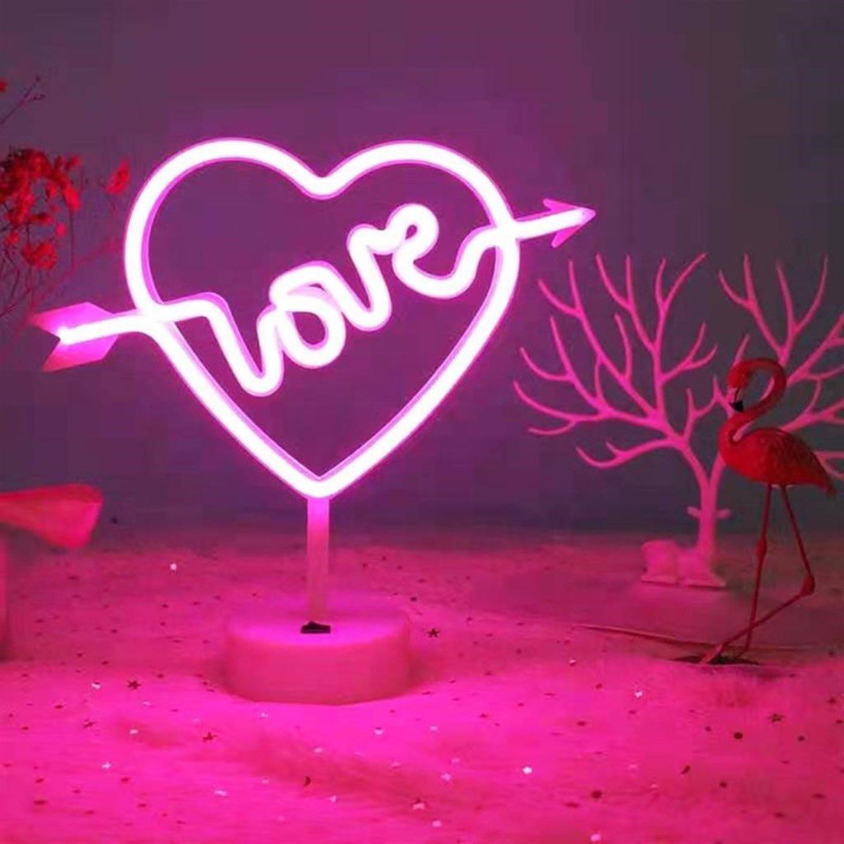 CLZ192 Kalpli Love Yazılı Dekoratif Neon Pilli Led Masa ve Gece Lambası (4172)