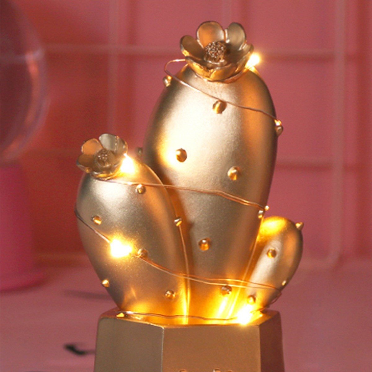 CLZ192 Led Işıklı Sevimli Kaktüs Dekoratif Masa Lambası Mini Biblo Gece Lambası Gold (4172)