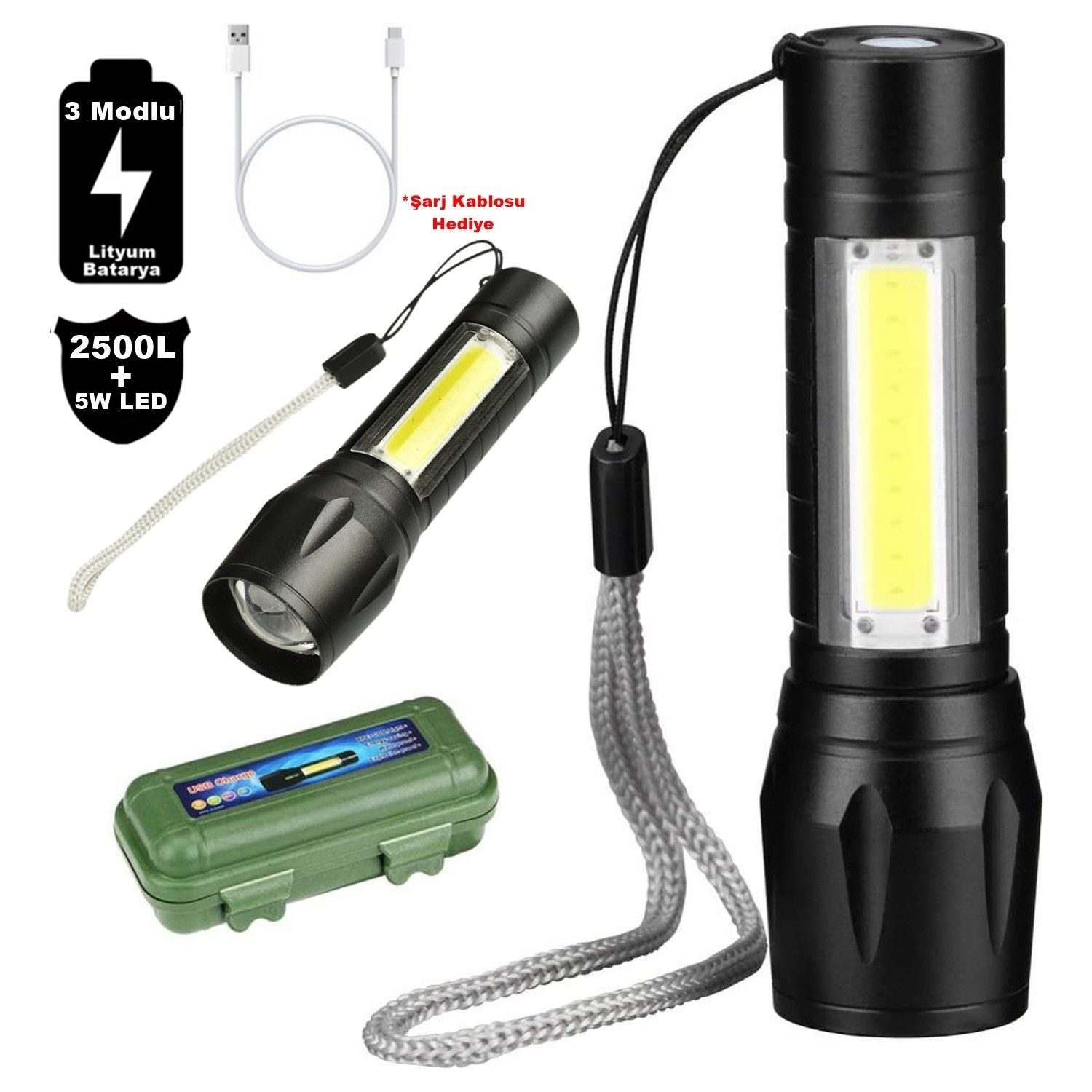 CLZ192 Su Geçirmez Şarjlı El Feneri 2500 Lumens + 5W COB LED USB Lion Şarjlı Ultra Güçlü Q5 XPE (4172)