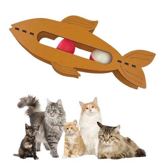 CLZ192 Kediler İçin Ahşap 2 Toplu Eğimli  Sevimli Balık Şeklinde Eğitim Amaçlı Oyuncak (4172)