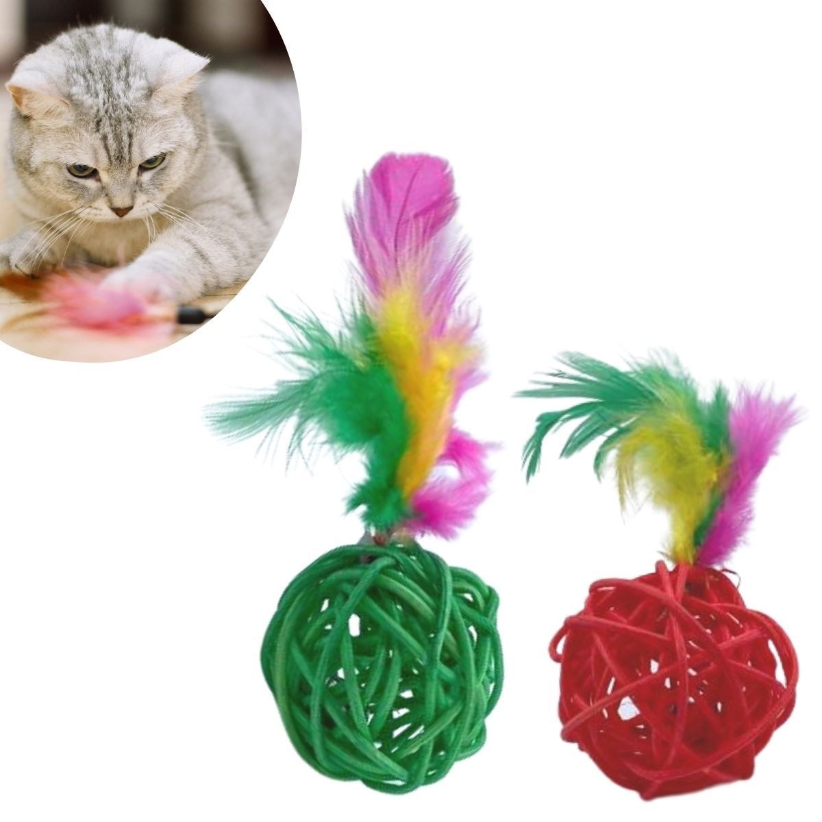 CLZ192 2li Rattan Renkli Peluş Tüy Kedi Köpek Oyuncak Yakalama Çiğneme Çıngıraklı Top Oyuncağı (4172)