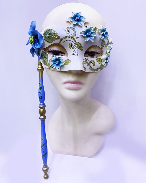 CLZ192 Mavi Renk Çiçek İşlemeli Tutmalı Venedik Göz Maskesi 33x17 Cm (4172)