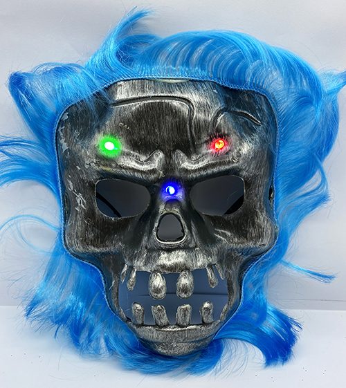 CLZ192 Mavi Saçlı Led Işıklı Kuru Kafa İskelet Korku Maskesi 22x25 Cm (4172)