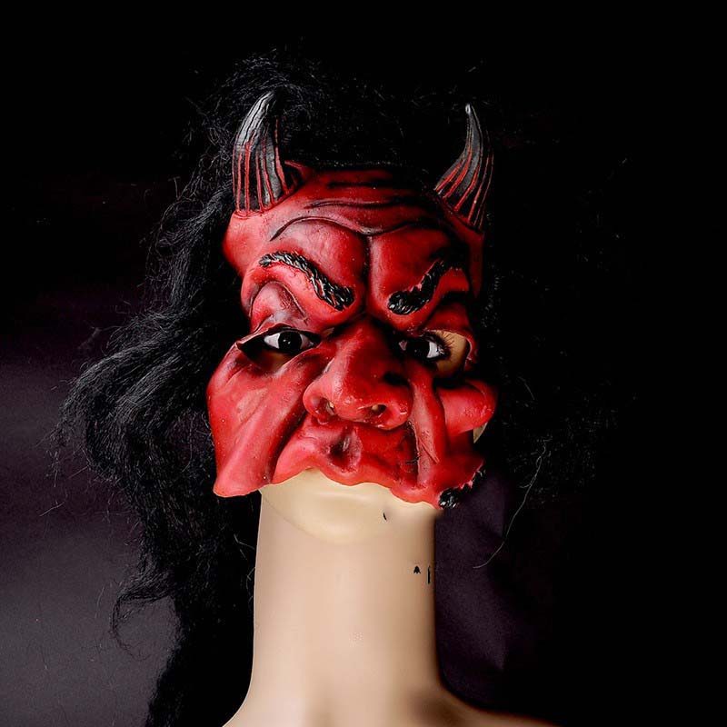 CLZ192 Lateks Korku Maskesi Şeytan Boynuzlu Kırmızı Maske Saçlı (4172)