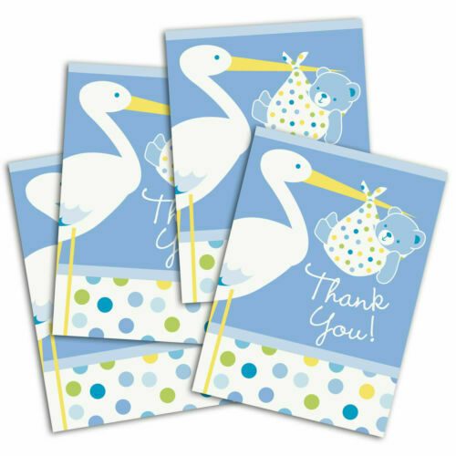 CLZ192 Mavi Renk Baby Stork Baby Shower Teşekkür Zarfı ve Not Seti 8 Adet (4172)
